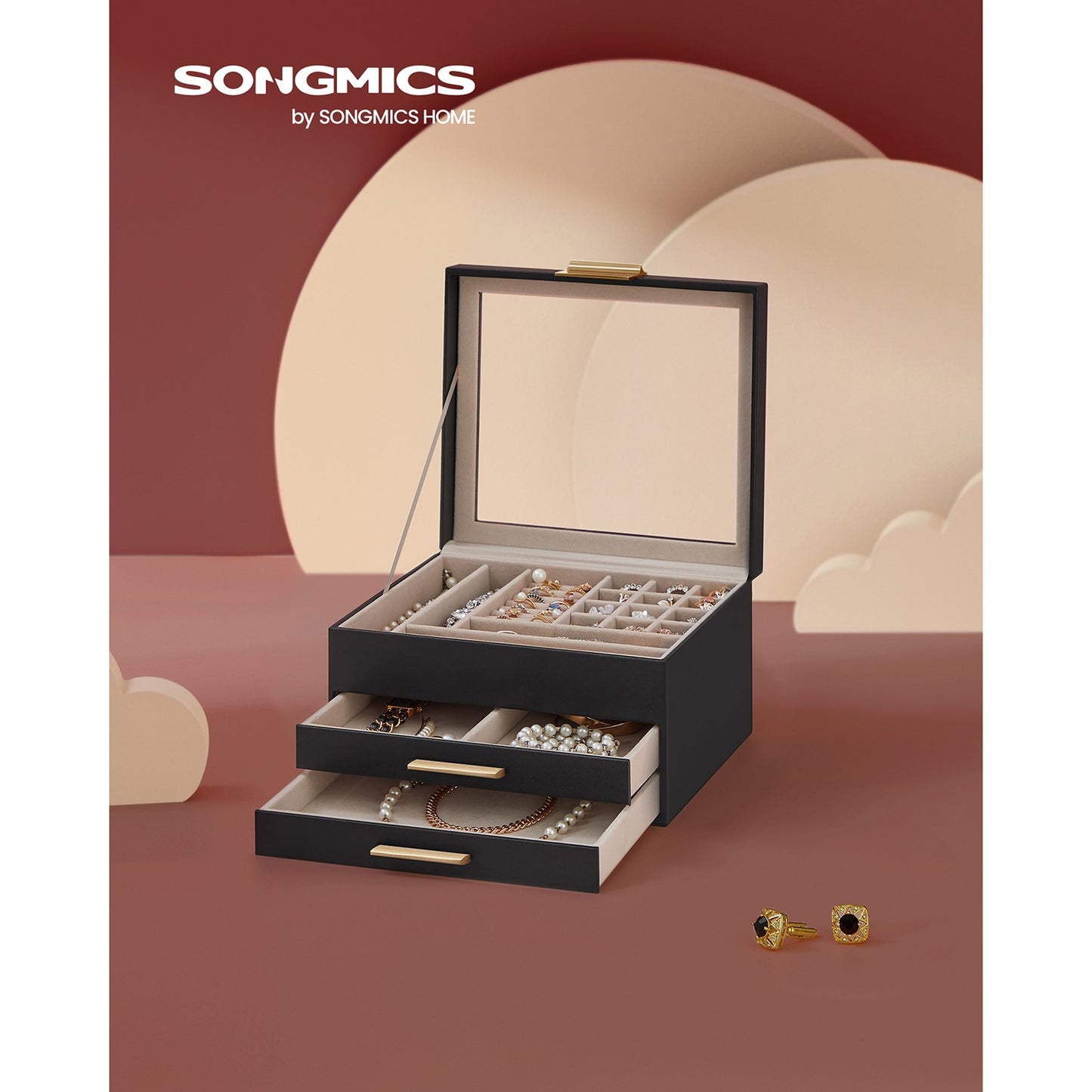 3-Layer Jewelry Box with Glass Lid, 2 Drawers