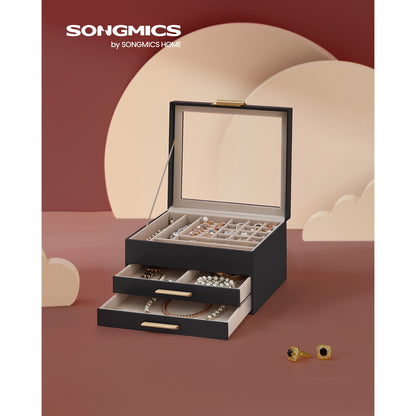 3-Layer Jewelry Box with Glass Lid, 2 Drawers