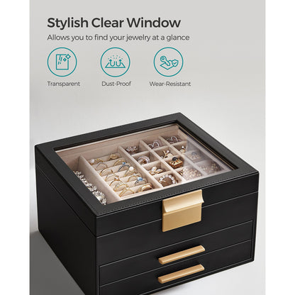 3-Layer Jewelry Box with Glass Lid, 2 Drawers