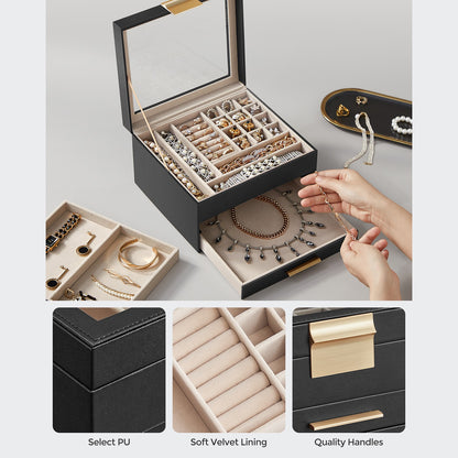 3-Layer Jewelry Box with Glass Lid, 2 Drawers