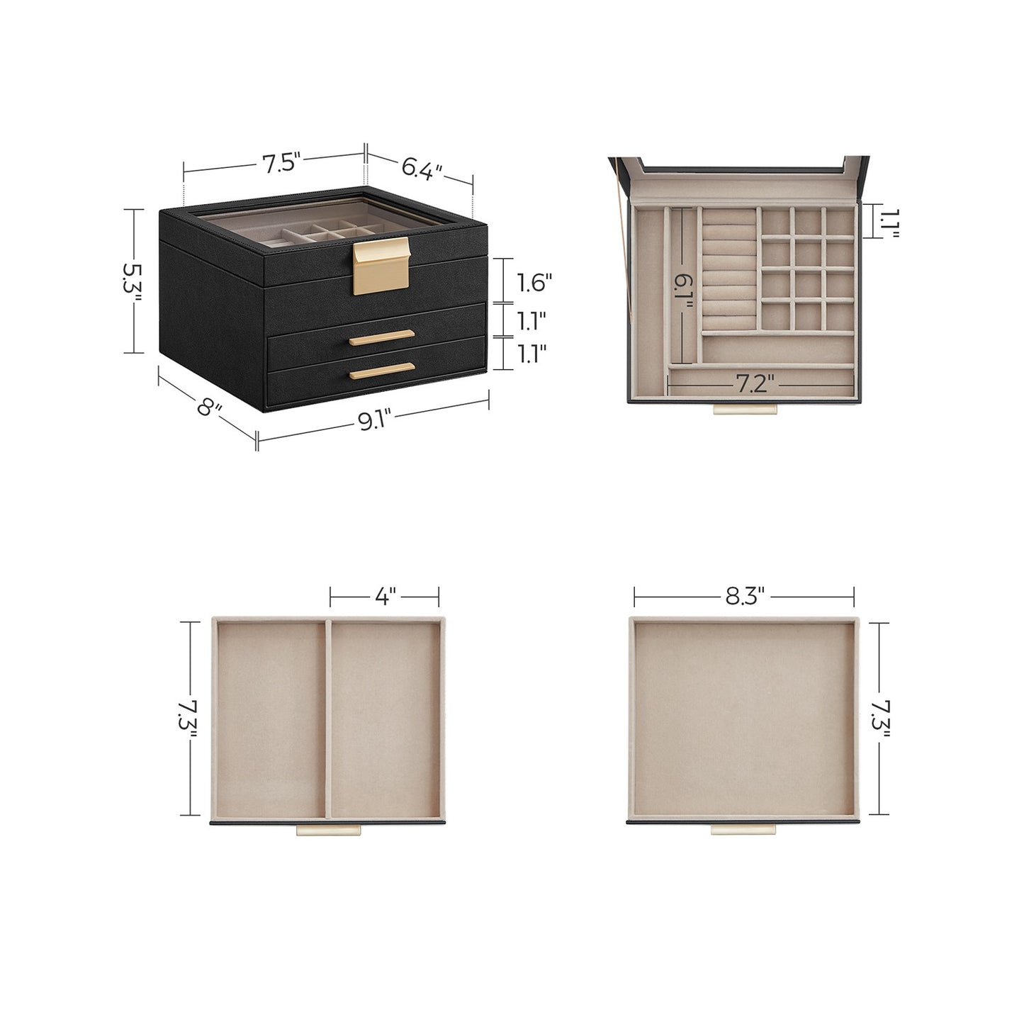 3-Layer Jewelry Box with Glass Lid, 2 Drawers