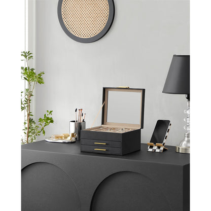 3-Layer Jewelry Box with Glass Lid, 2 Drawers