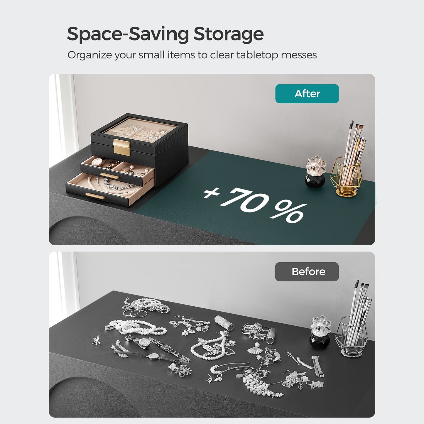 3-Layer Jewelry Box with Glass Lid, 2 Drawers