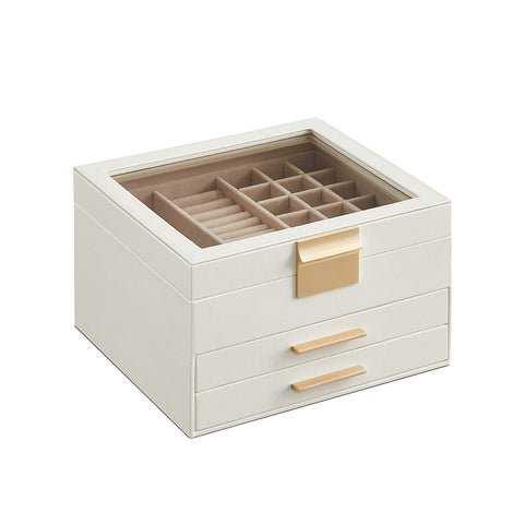 Jewelry Box with Glass Lid, 3-Layer Jewelry Organizer with 2 Drawers, Gift for Loved Ones, White UJBC239WT