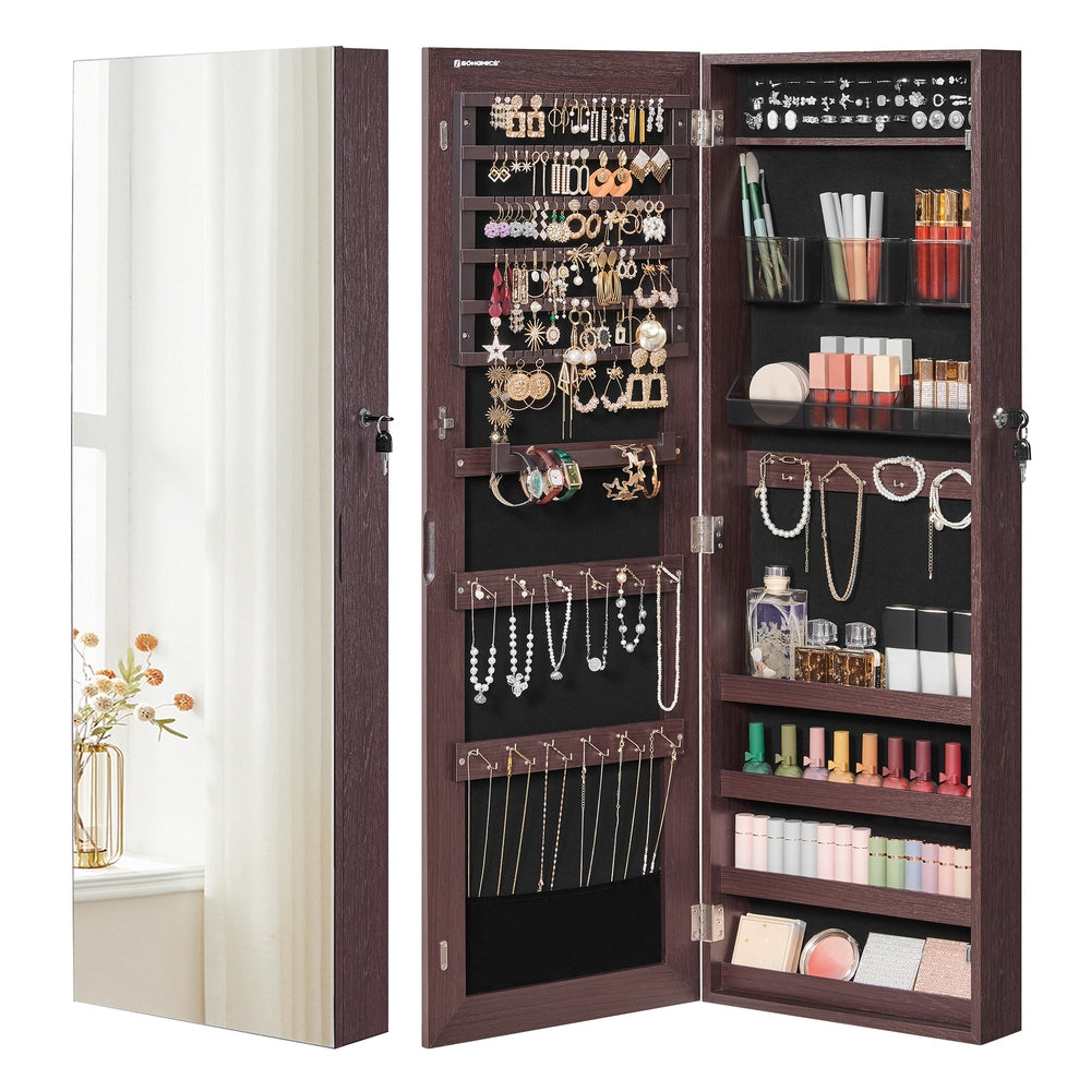 Mirror Jewelry Cabinet Armoire, Lockable Wall-Mounted Storage Organizer Unit