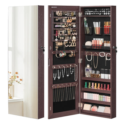 Mirror Jewelry Cabinet Armoire, Lockable Wall-Mounted Storage Organizer Unit with 2 Cosmetic Storage Trays