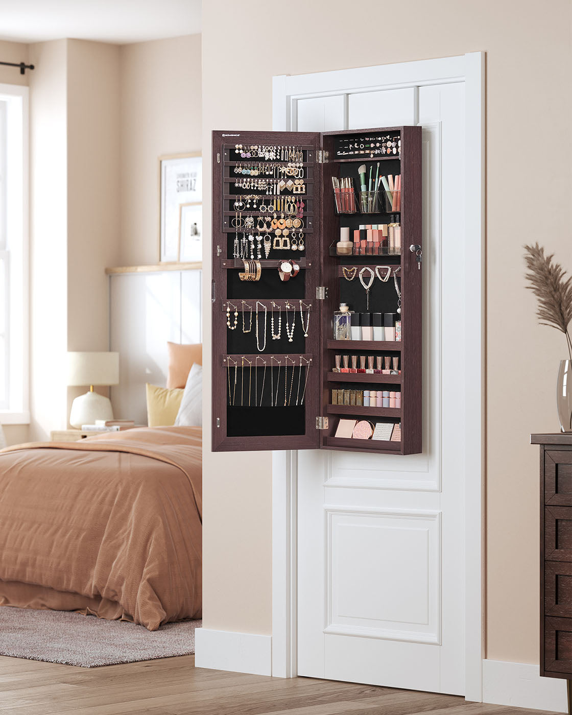 Mirror Jewelry Cabinet Armoire, Lockable Wall-Mounted Storage Organizer Unit with 2 Cosmetic Storage Trays