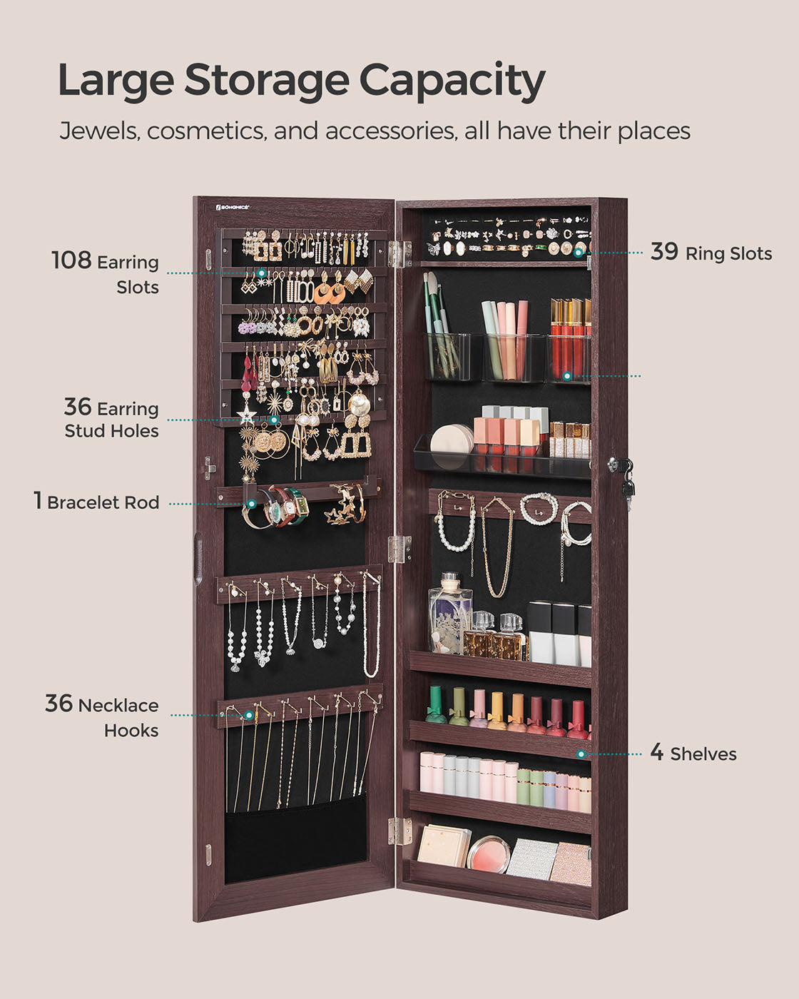 Mirror Jewelry Cabinet Armoire, Lockable Wall-Mounted Storage Organizer Unit