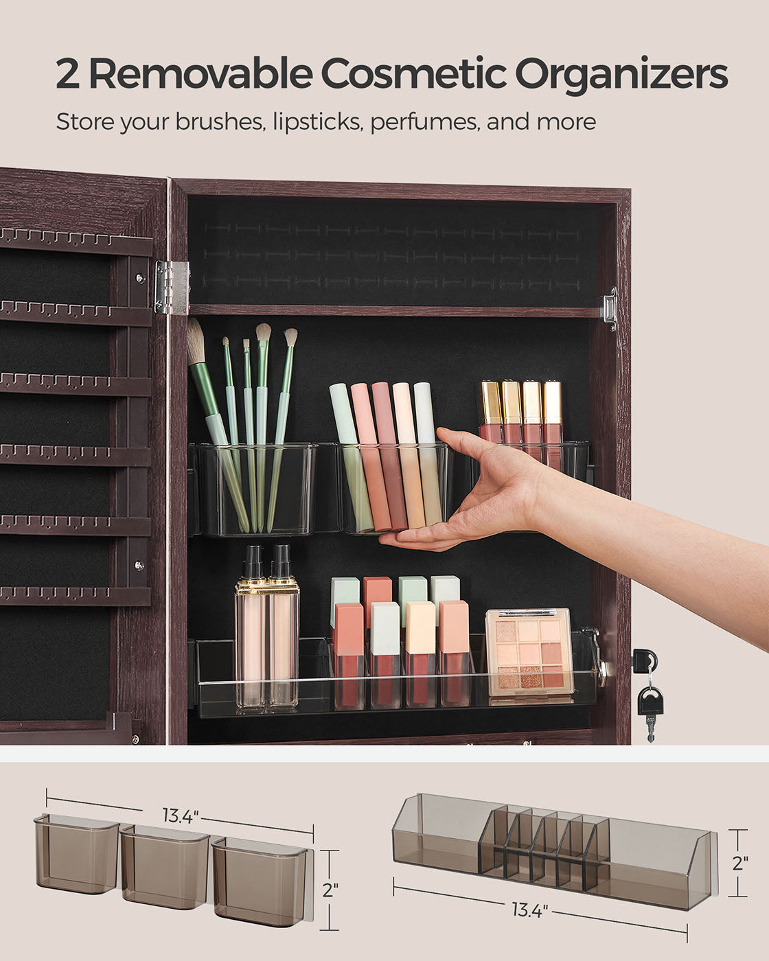 Mirror Jewelry Cabinet Armoire, Lockable Wall-Mounted Storage Organizer Unit