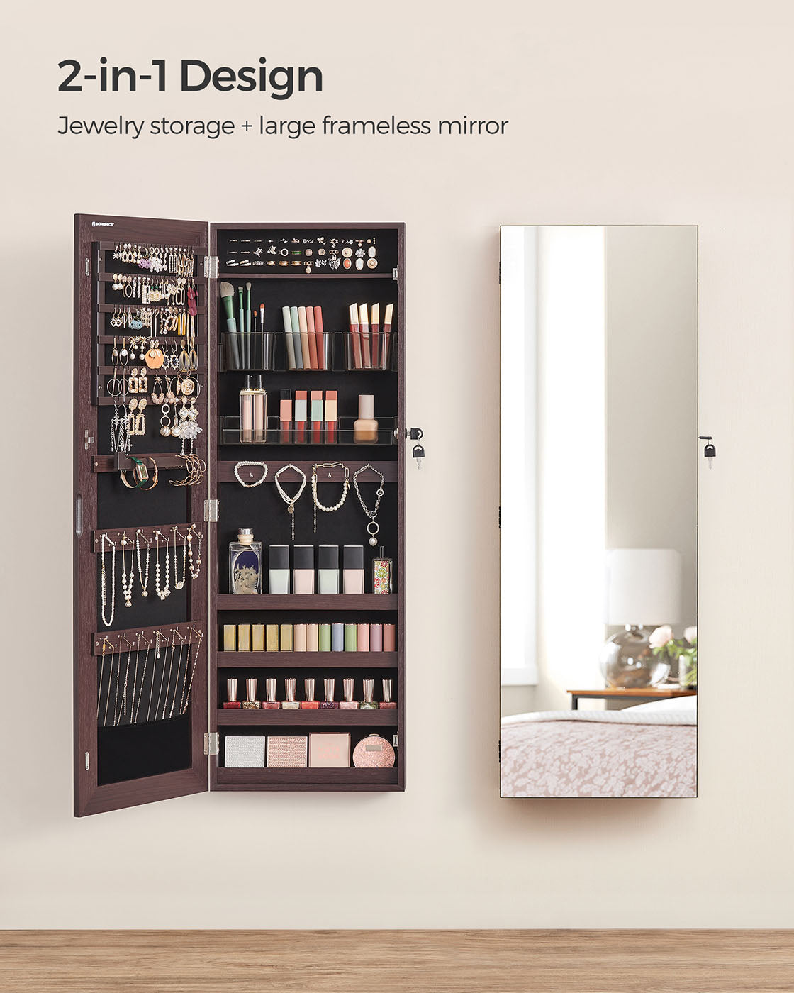 Mirror Jewelry Cabinet Armoire, Lockable Wall-Mounted Storage Organizer Unit