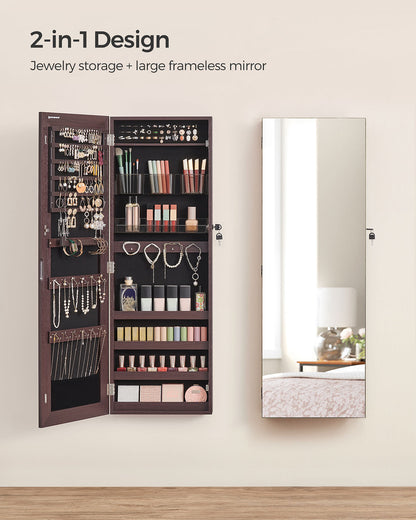 Mirror Jewelry Cabinet Armoire, Lockable Wall-Mounted Storage Organizer Unit