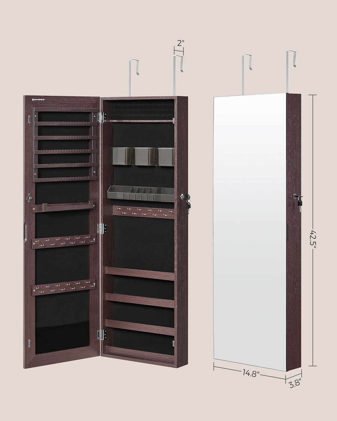 Mirror Jewelry Cabinet Armoire, Lockable Wall-Mounted Storage Organizer Unit