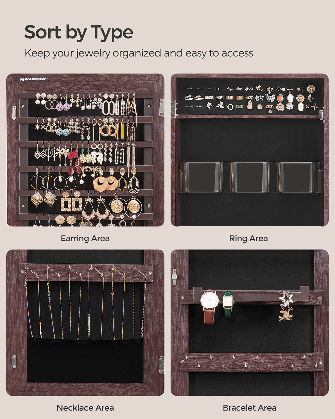 Mirror Jewelry Cabinet Armoire, Lockable Wall-Mounted Storage Organizer Unit with 2 Cosmetic Storage Trays