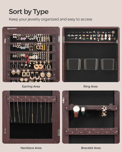 Mirror Jewelry Cabinet Armoire, Lockable Wall-Mounted Storage Organizer Unit with 2 Cosmetic Storage Trays