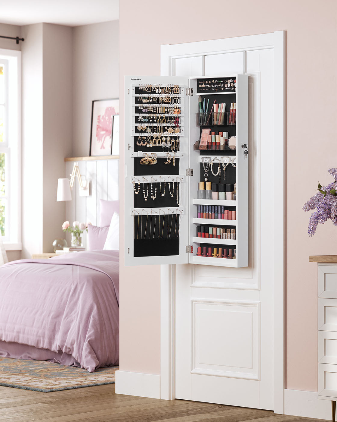 White Wall-Mounted Jewelry Armoire with Mirror - image 3