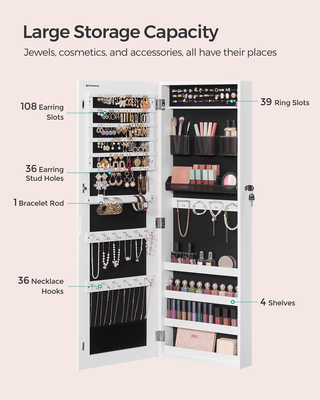 White Wall-Mounted Jewelry Armoire with Mirror