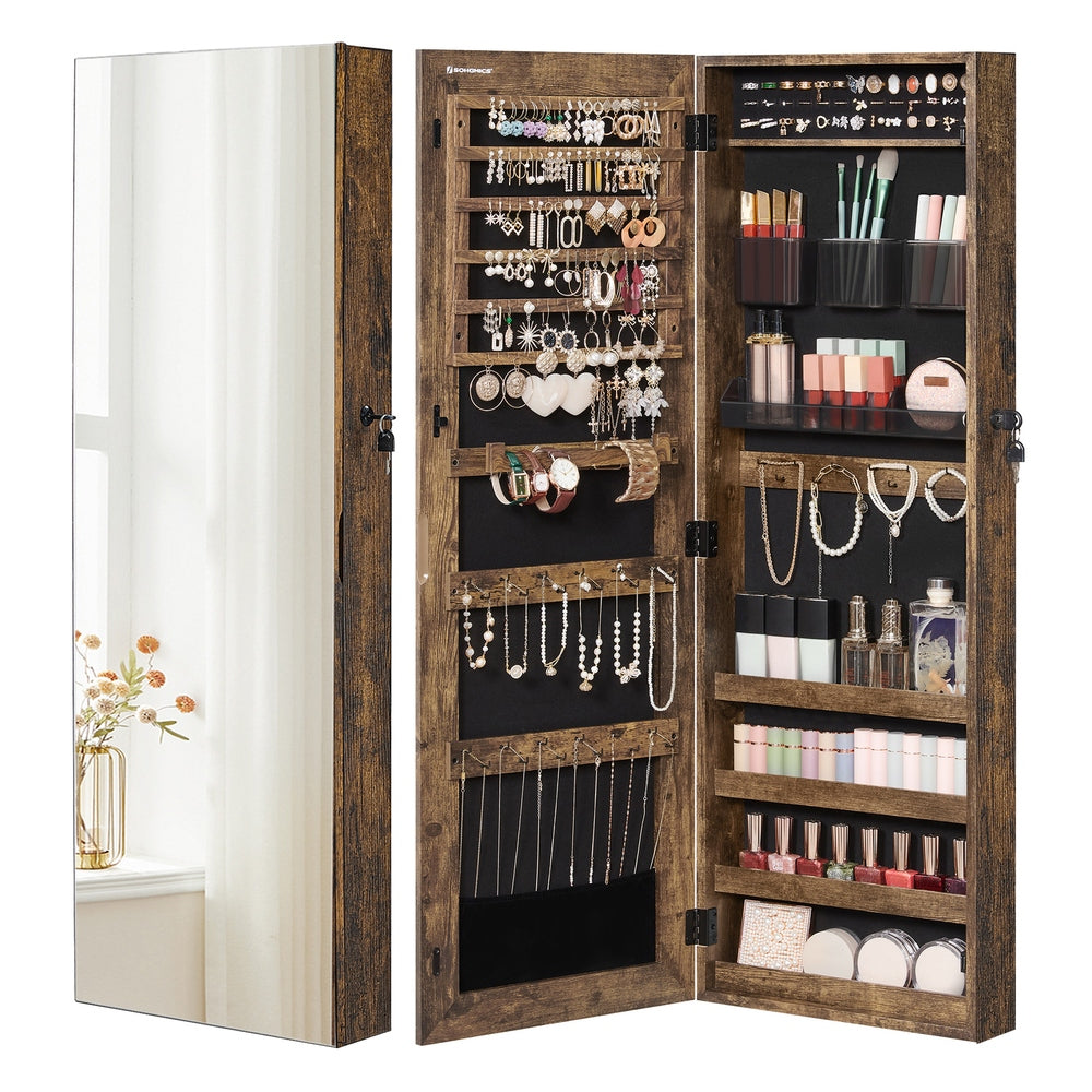 Mirror Jewelry Cabinet Armoire, Lockable Wall-Mounted Storage Organizer Unit with 2 Cosmetic Storage Trays