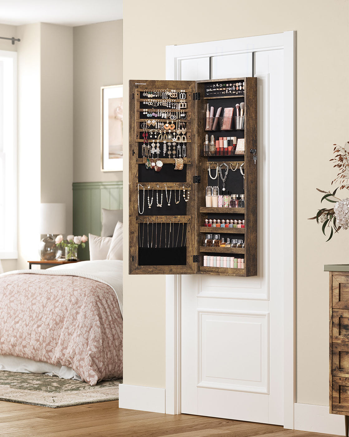 Mirror Jewelry Cabinet Armoire, Lockable Wall-Mounted Storage Organizer Unit with 2 Cosmetic Storage Trays