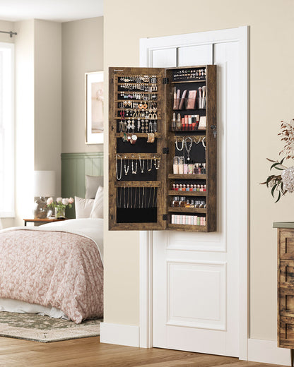 Mirror Jewelry Cabinet Armoire, Lockable Wall-Mounted Storage Organizer Unit with 2 Cosmetic Storage Trays
