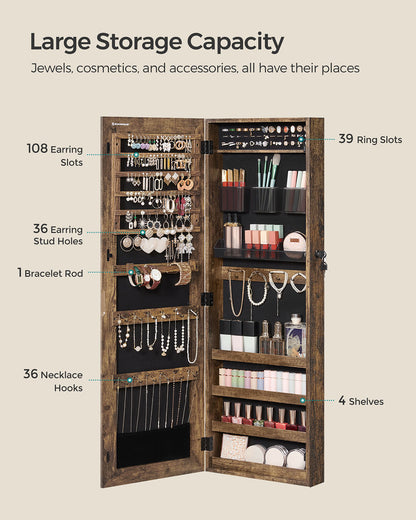 Mirror Jewelry Cabinet Armoire, Lockable Wall-Mounted Storage Organizer Unit with 2 Cosmetic Storage Trays