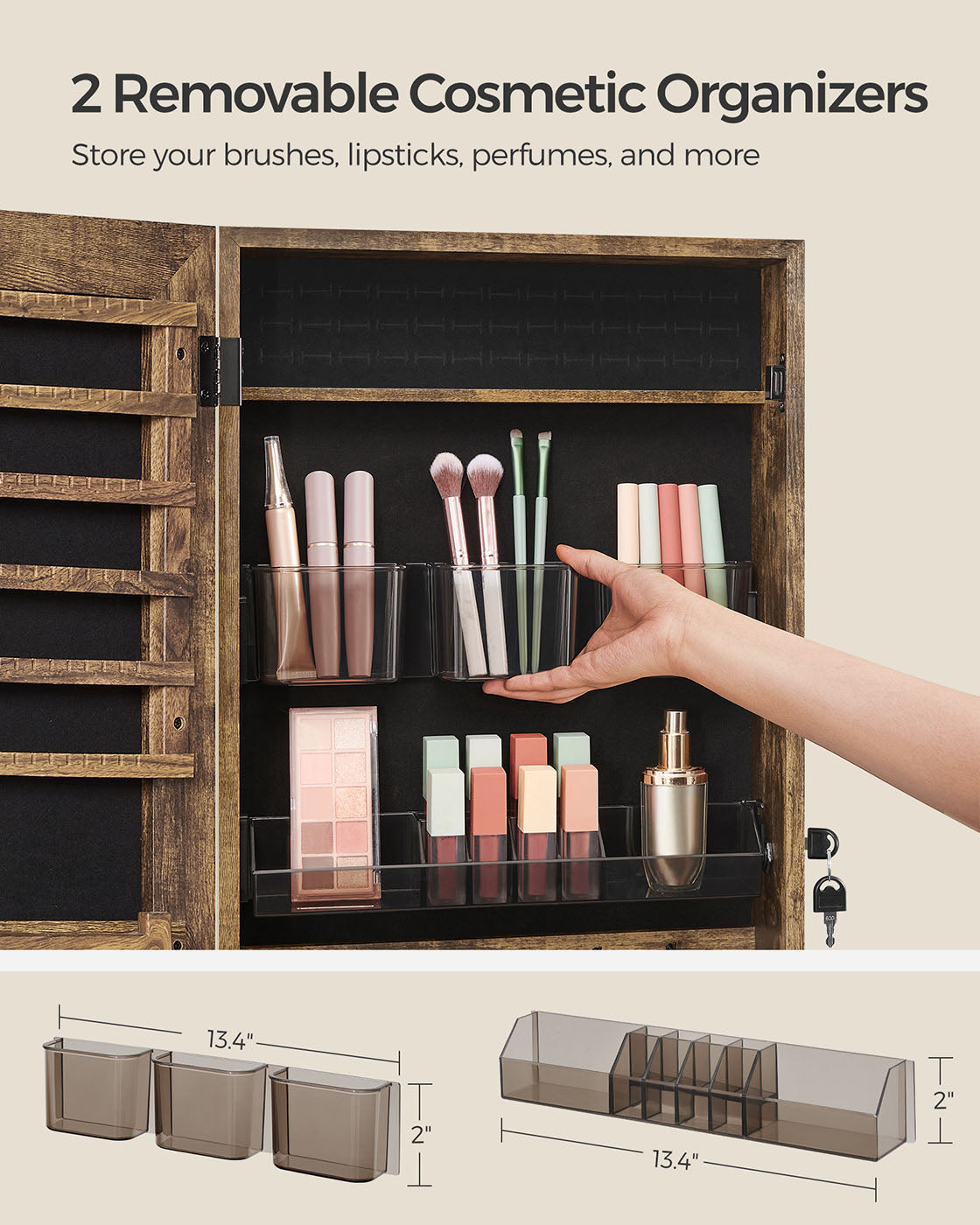 Mirror Jewelry Cabinet Armoire, Lockable Wall-Mounted Storage Organizer Unit