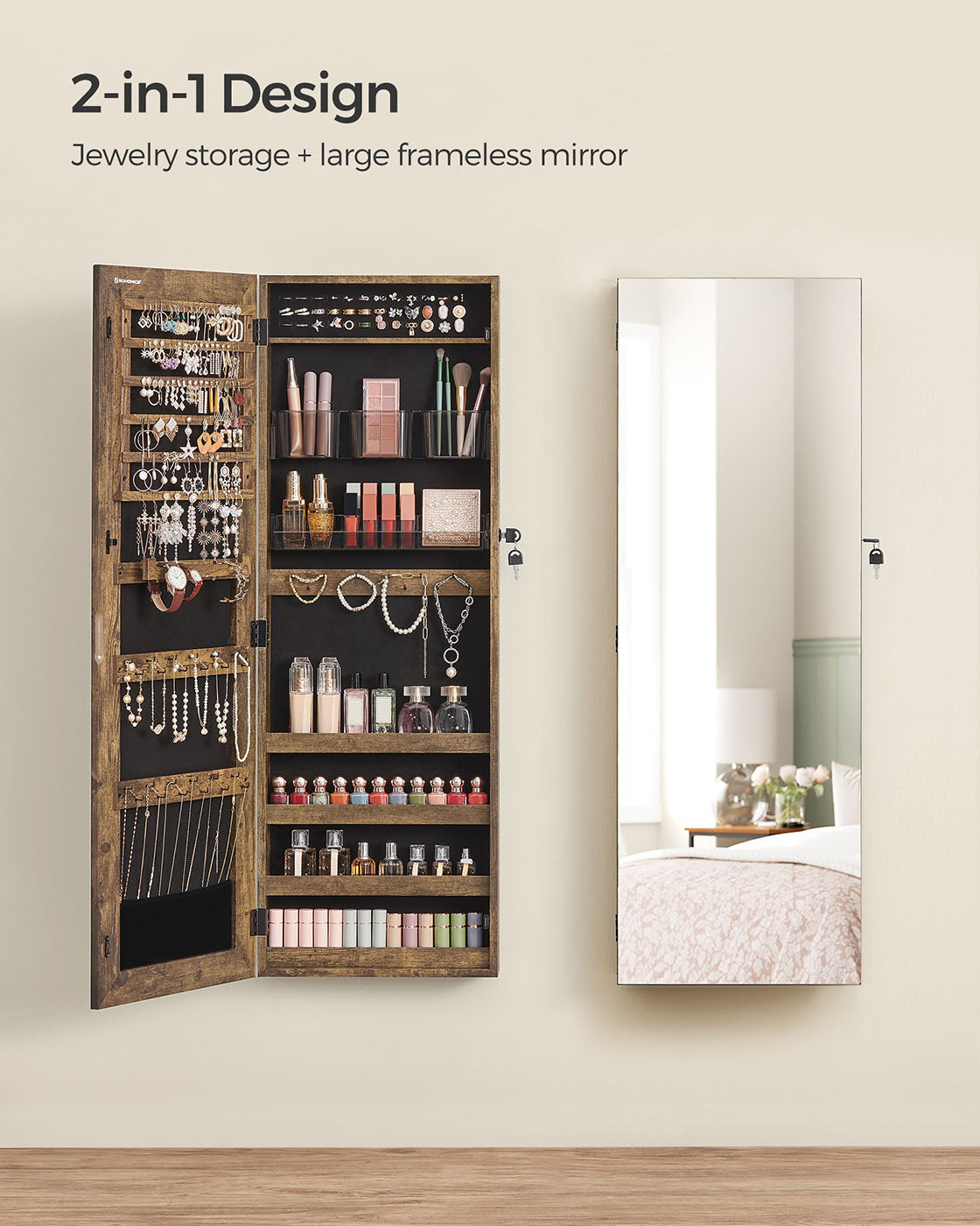 Mirror Jewelry Cabinet Armoire, Lockable Wall-Mounted Storage Organizer Unit with 2 Cosmetic Storage Trays