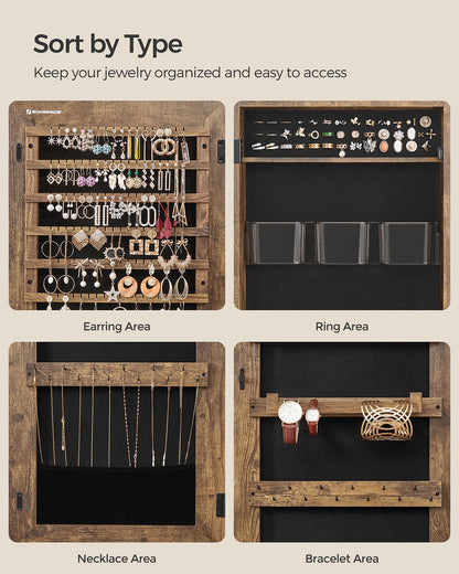 Mirror Jewelry Cabinet Armoire, Lockable Wall-Mounted Storage Organizer Unit