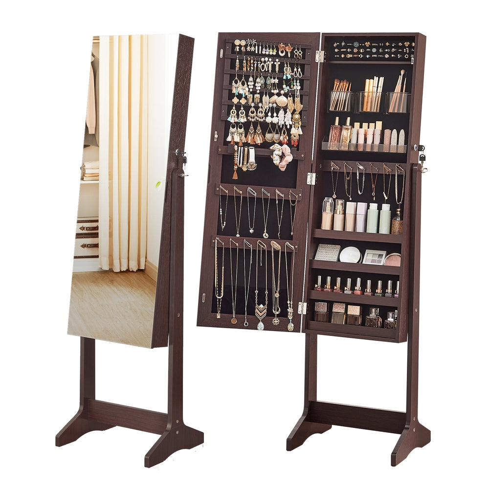 Mirror Jewelry Cabinet Armoire, Freestanding Lockable Storage Organizer Unit with 2 Plastic Cosmetic Storage