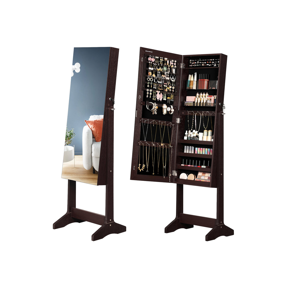Mirror Jewelry Cabinet Armoire, Freestanding Lockable Storage Organizer Unit with 2 Plastic Cosmetic Storage