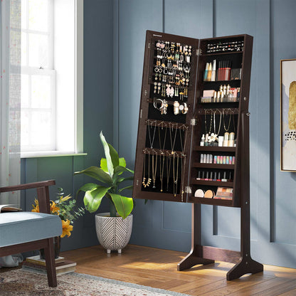 Mirror Jewelry Cabinet Armoire, Freestanding Lockable Storage Organizer Unit with 2 Plastic Cosmetic Storage