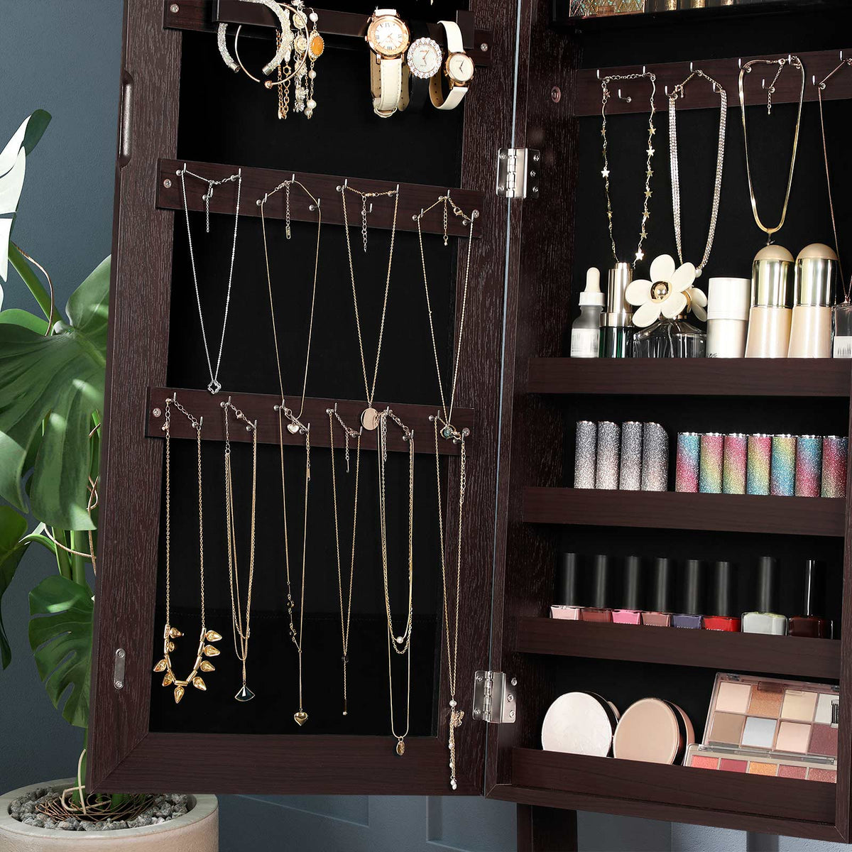 Mirror Jewelry Cabinet Armoire, Freestanding Lockable Storage Organizer Unit with 2 Plastic Cosmetic Storage
