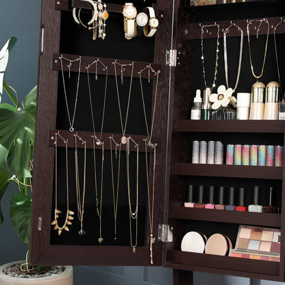 Mirror Jewelry Cabinet Armoire, Freestanding Lockable Storage Organizer Unit with 2 Plastic Cosmetic Storage