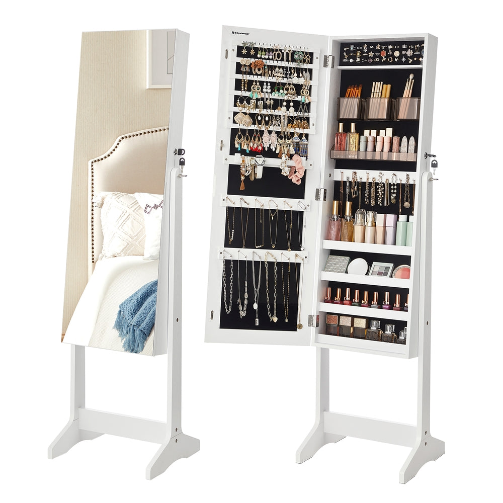 Mirror Jewelry Cabinet Armoire, Freestanding Lockable Storage Organizer Unit with 2 Plastic Cosmetic Storage