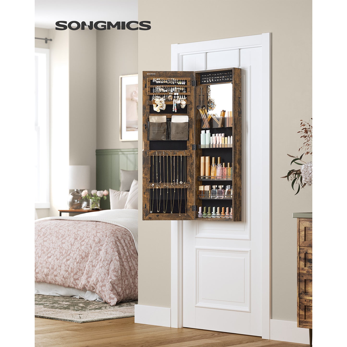 Lockable Jewelry Cabinet Armoire, Wall-Mounted Storage Organizer with Full-Length Frameless Mirror, Door-Mounted Cabinet with Built-in Small Mirror, Shelves Gift Idea, Rustic Brown