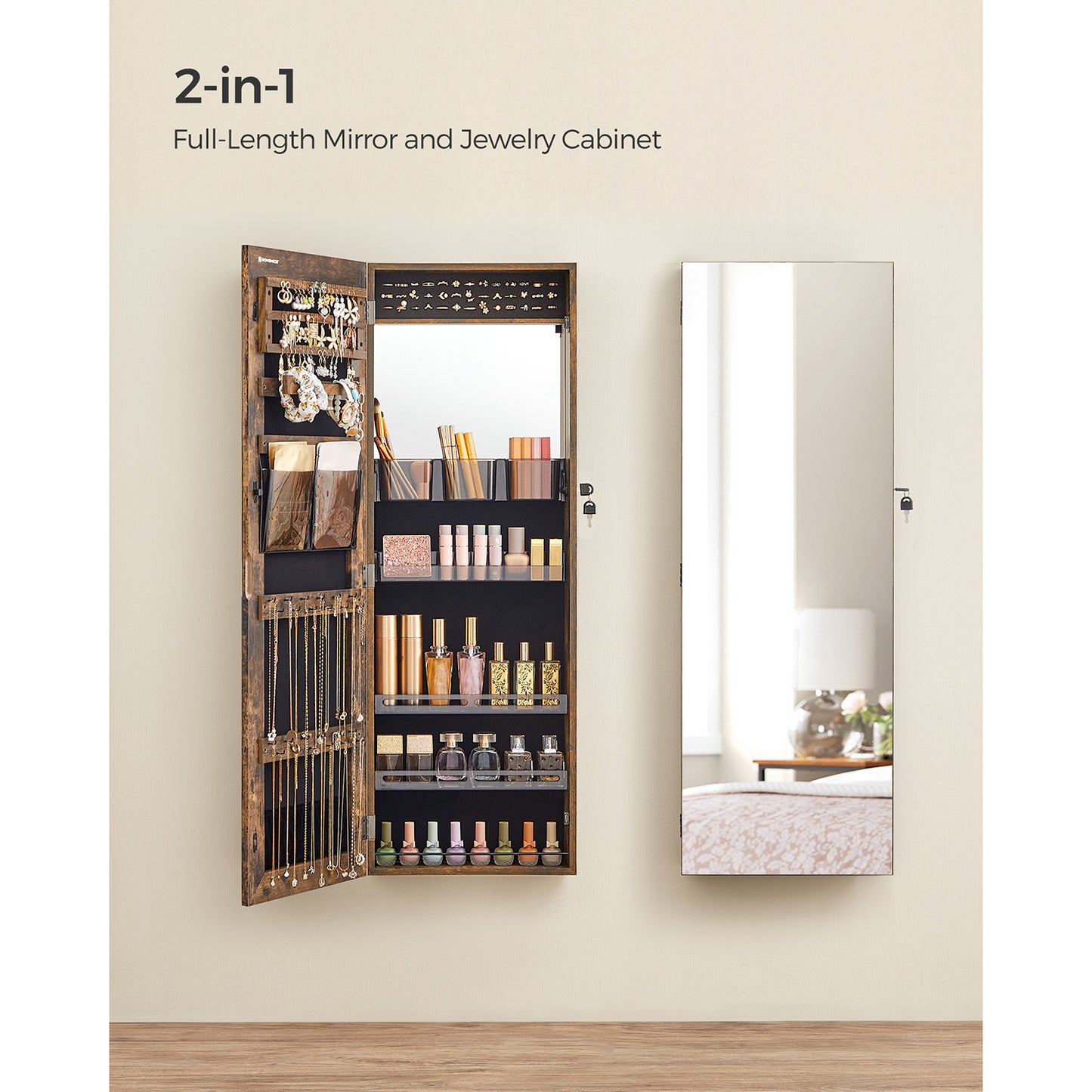 Lockable Jewelry Cabinet Armoire, Wall-Mounted Storage Organizer with Full-Length Frameless Mirror, Door-Mounted Cabinet with Built-in Small Mirror, Shelves Gift Idea, Rustic Brown