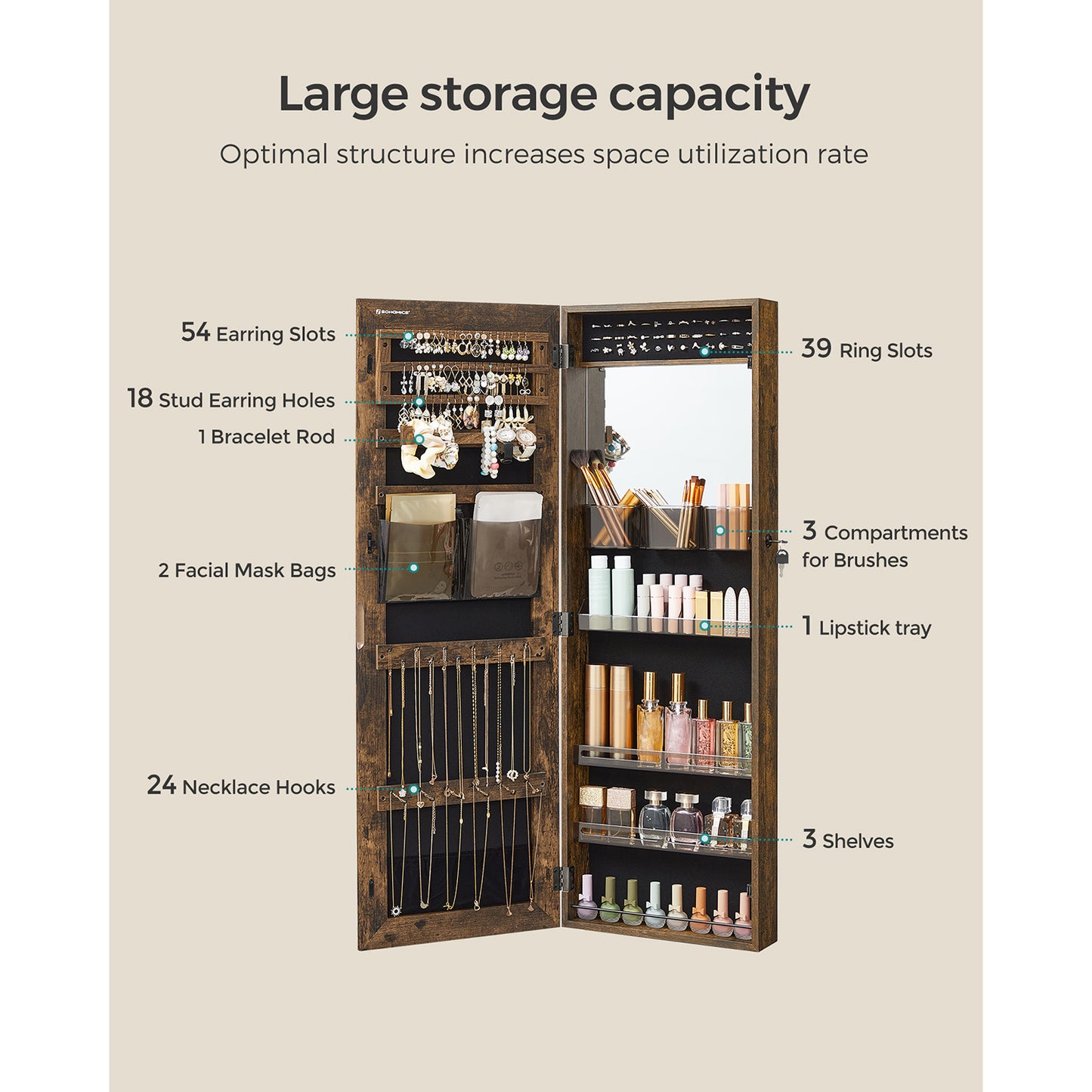 Lockable Jewelry Cabinet Armoire, Wall-Mounted Storage Organizer with Full-Length Frameless Mirror, Door-Mounted Cabinet with Built-in Small Mirror, Shelves Gift Idea, Rustic Brown