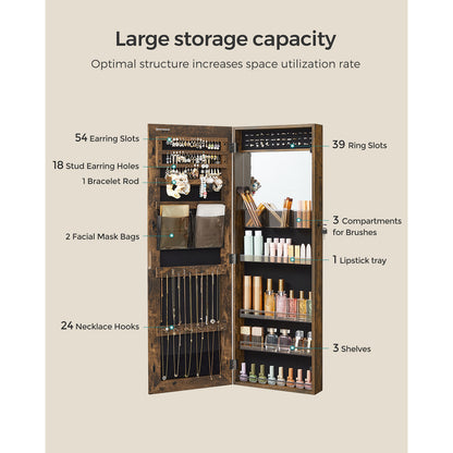 Lockable Jewelry Cabinet Armoire, Wall-Mounted Storage Organizer with Full-Length Frameless Mirror, Door-Mounted Cabinet with Built-in Small Mirror, Shelves Gift Idea, Rustic Brown