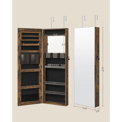 Lockable Jewelry Cabinet Armoire, Wall-Mounted Storage Organizer with Full-Length Frameless Mirror, Door-Mounted Cabinet with Built-in Small Mirror, Shelves Gift Idea, Rustic Brown