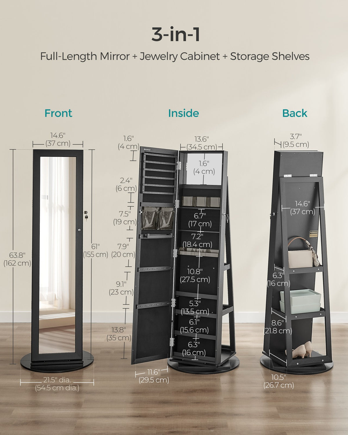 Lockable Jewelry Organizer with Full-Length Mirror