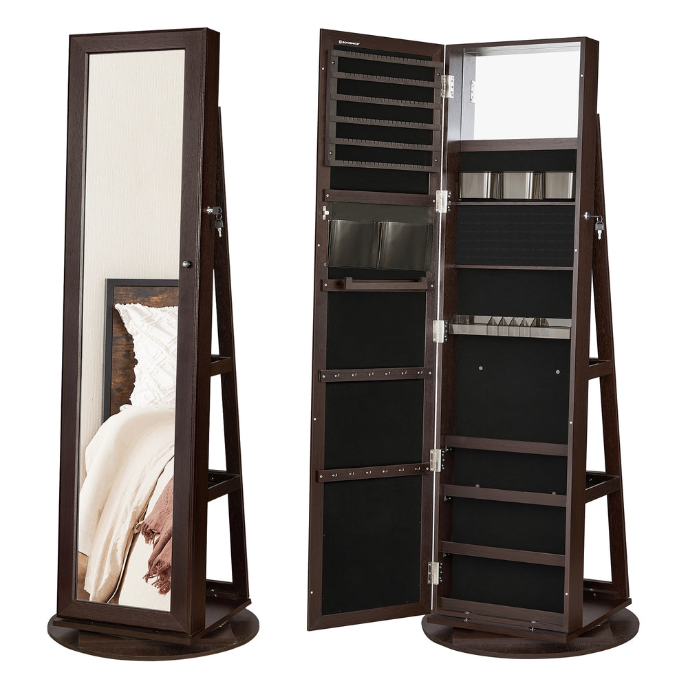 360° Swivel Jewelry Cabinet, Lockable Jewelry Organizer with Full-Length Mirror, Rear Storage Shelves