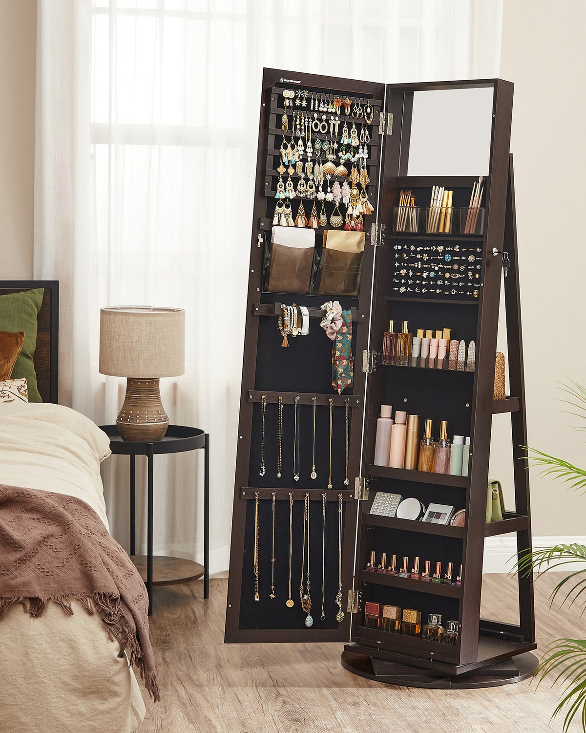 360° Swivel Jewelry Cabinet, Lockable Jewelry Organizer with Full-Length Mirror, Rear Storage Shelves