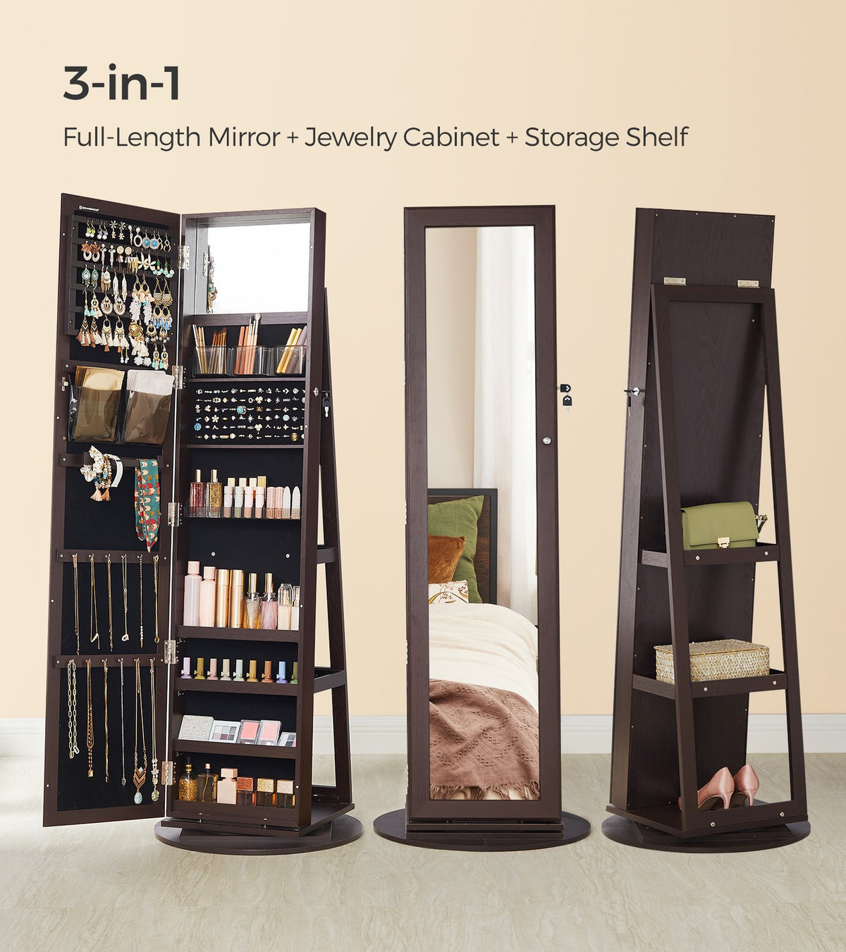 360° Swivel Jewelry Cabinet, Lockable Jewelry Organizer with Full-Length Mirror, Rear Storage Shelves