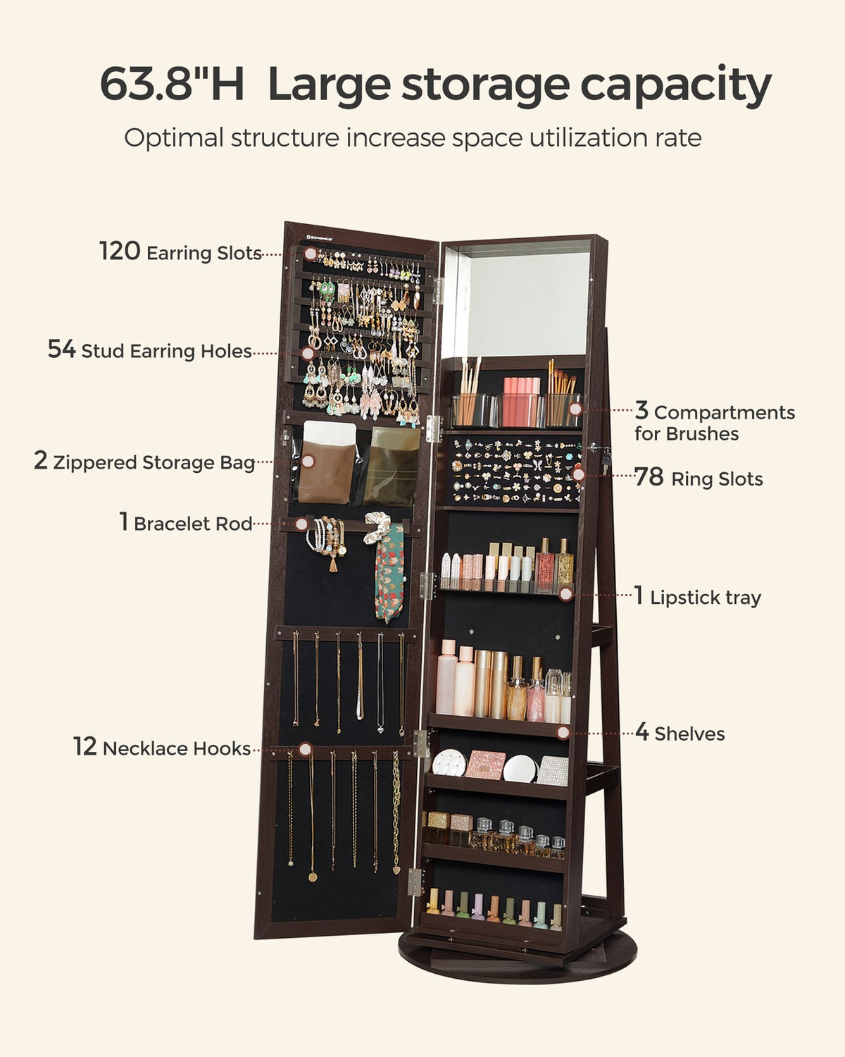 360° Swivel Jewelry Cabinet, Lockable Jewelry Organizer with Full-Length Mirror, Rear Storage Shelves