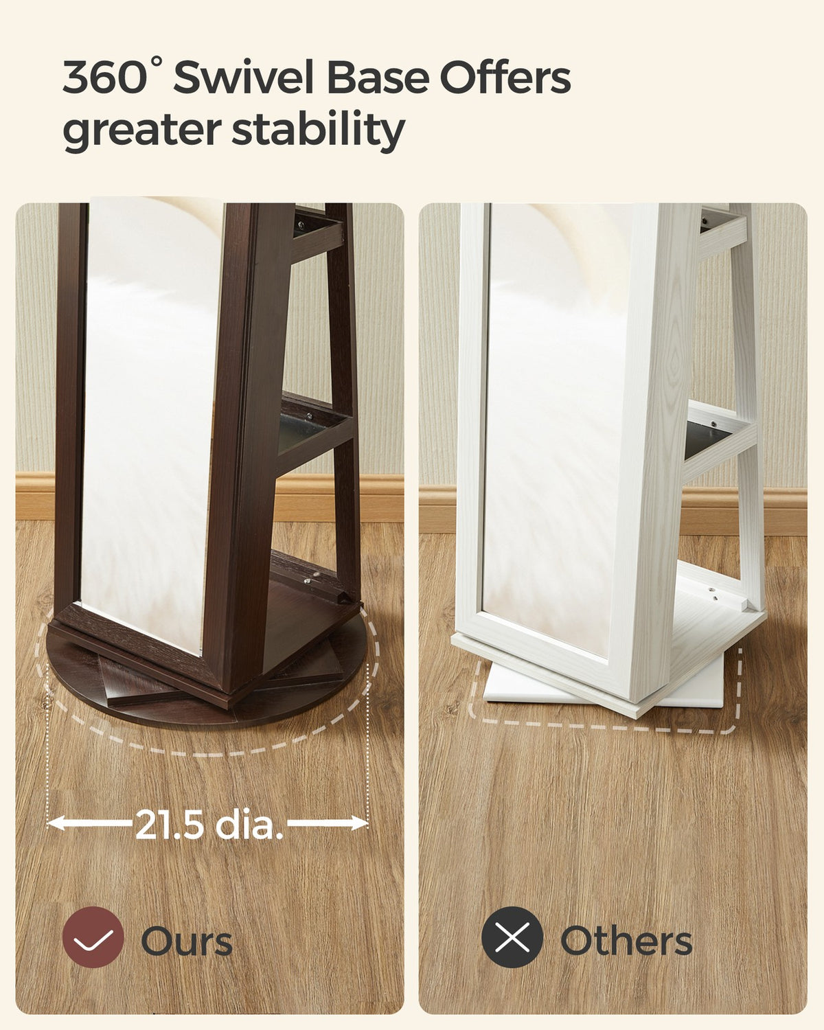 360° Swivel Jewelry Cabinet, Lockable Jewelry Organizer with Full-Length Mirror, Rear Storage Shelves