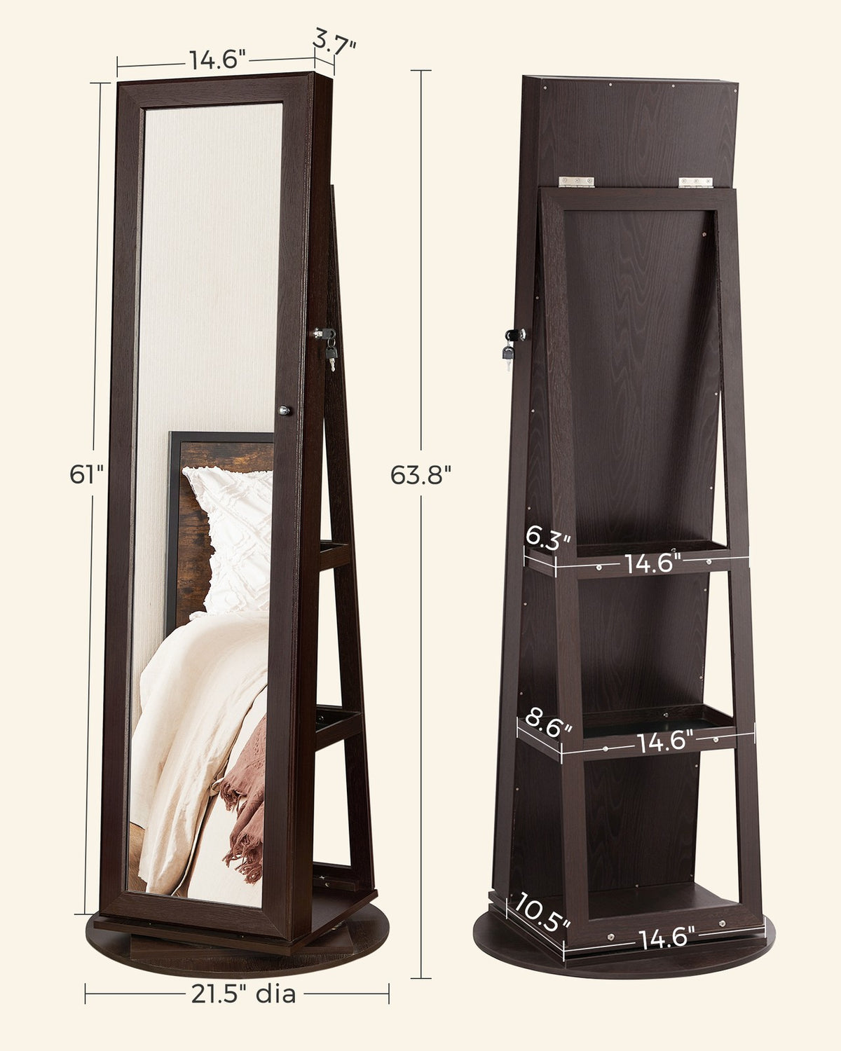 360° Swivel Jewelry Cabinet, Lockable Jewelry Organizer with Full-Length Mirror, Rear Storage Shelves