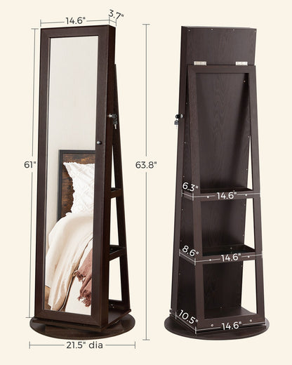 360° Swivel Jewelry Cabinet, Lockable Jewelry Organizer with Full-Length Mirror, Rear Storage Shelves