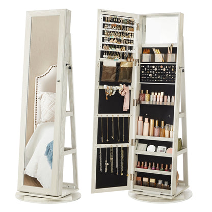 360° Swivel Jewelry Cabinet, Lockable Jewelry Organizer with Full-Length Mirror, Rear Storage Shelves