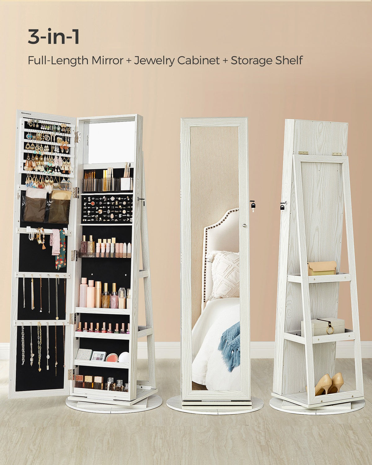 360° Swivel Jewelry Cabinet, Lockable Jewelry Organizer with Full-Length Mirror, Rear Storage Shelves