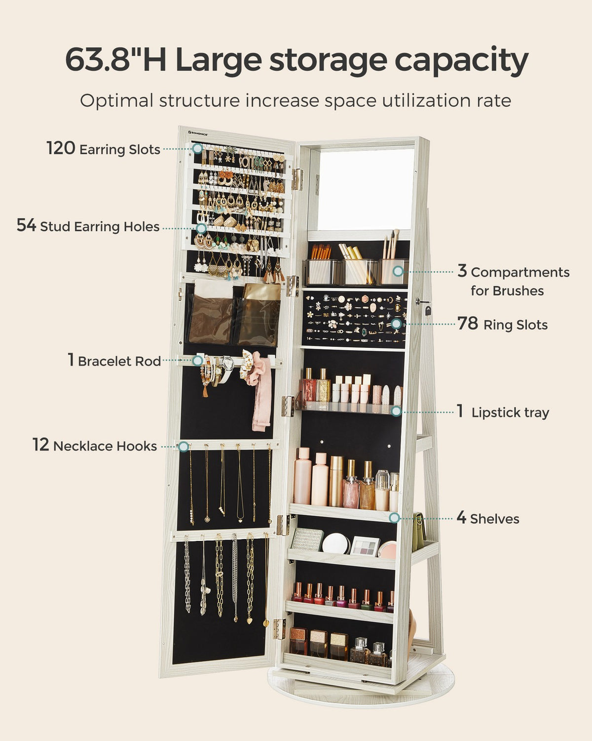 360° Swivel Jewelry Cabinet, Lockable Jewelry Organizer with Full-Length Mirror, Rear Storage Shelves