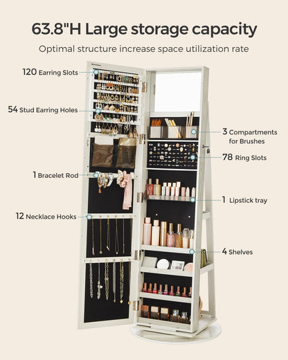 360° Swivel Jewelry Cabinet, Lockable Jewelry Organizer with Full-Length Mirror, Rear Storage Shelves